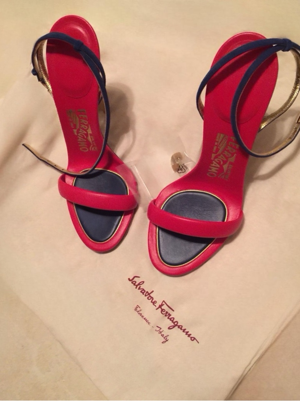 Salvatore Ferragamo Ankle Strap Heels. Red, Navy & Gold.